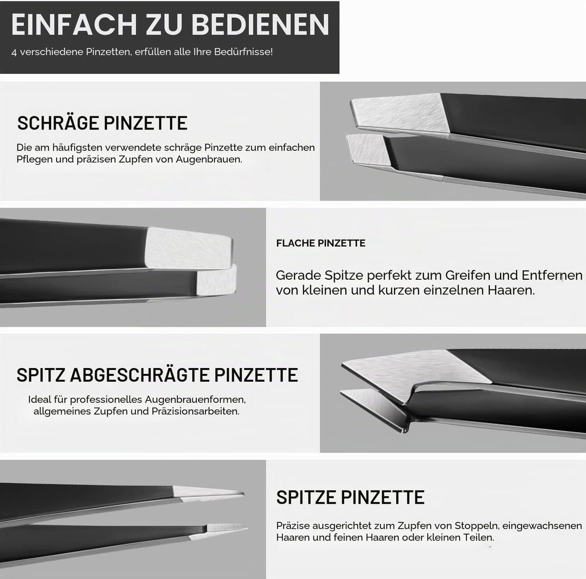 Upmore 4X Pinzette Set Edelstahl - Schwarz Augenbrauenpinzette Set Schere Pinzette, Gerade Schräge Spitze Zupfpinzette Splitterpinzette Spitzpinzette Für Frauen Und Männer