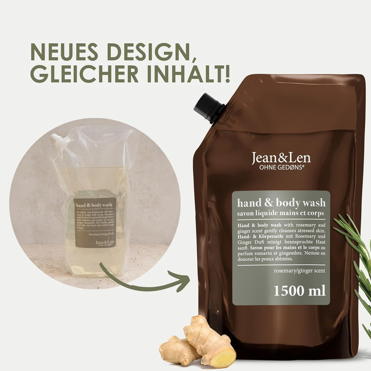Jean & Len Hand & Body Wash Rosemary Und Ginger, Nachfüllbeutel, 1,5L