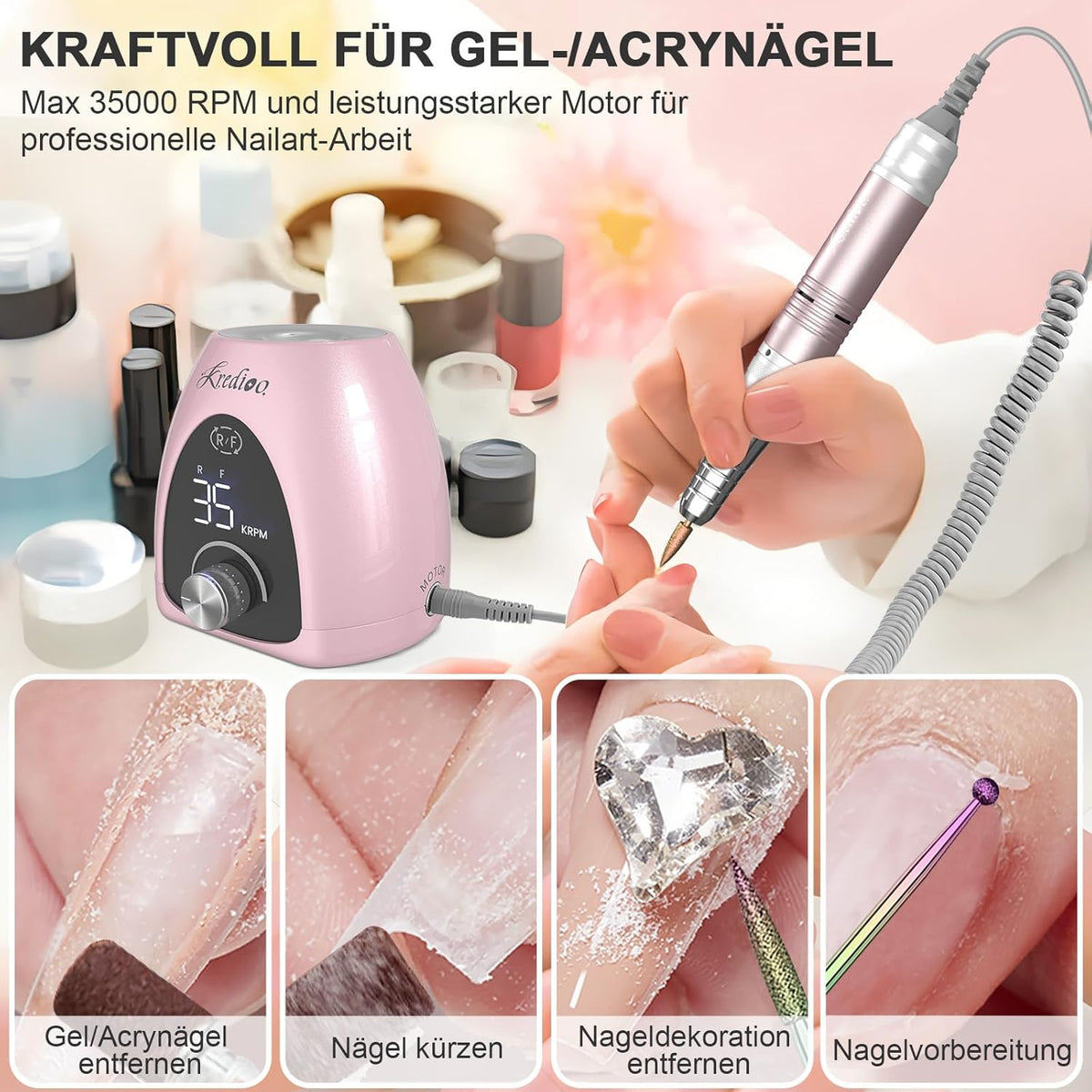 Professioneller 35000 U/Min Elektrischer Nagelfräser für Gelnägel – 6-in-1 Maniküre Set mit stufenloser Geschwindigkeitsregelung und LED-Display, ideal für Nagelhaut, Shellac und Acrylgel, sicher für Anfänger und Profis.