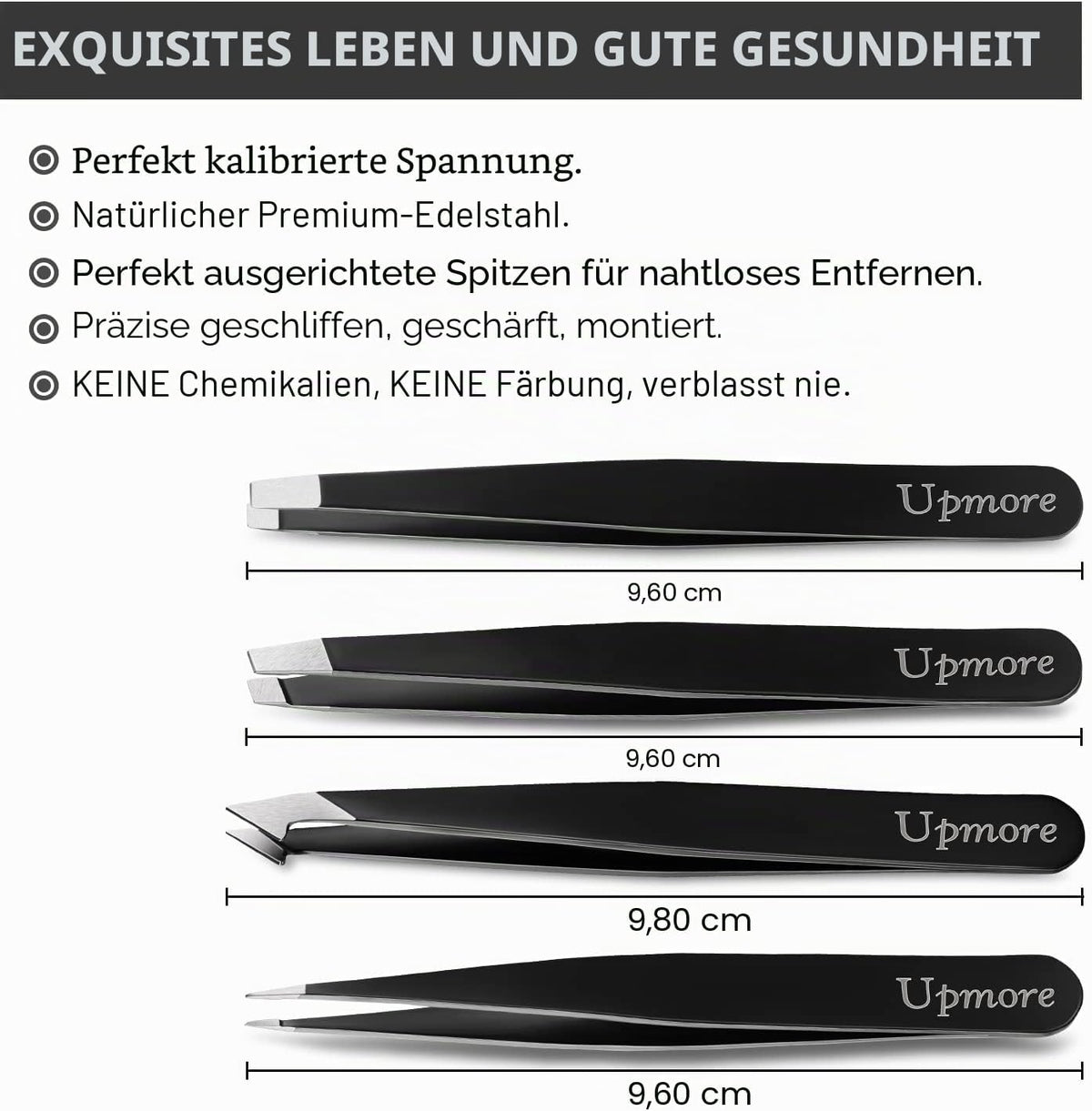 Upmore 4X Pinzette Set Edelstahl - Schwarz Augenbrauenpinzette Set Schere Pinzette, Gerade Schräge Spitze Zupfpinzette Splitterpinzette Spitzpinzette Für Frauen Und Männer