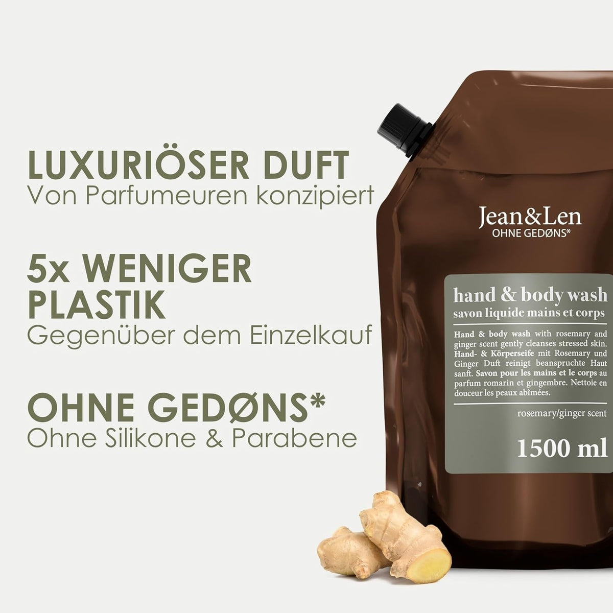 Jean & Len Hand & Body Wash Rosemary Und Ginger, Nachfüllbeutel, 1,5L