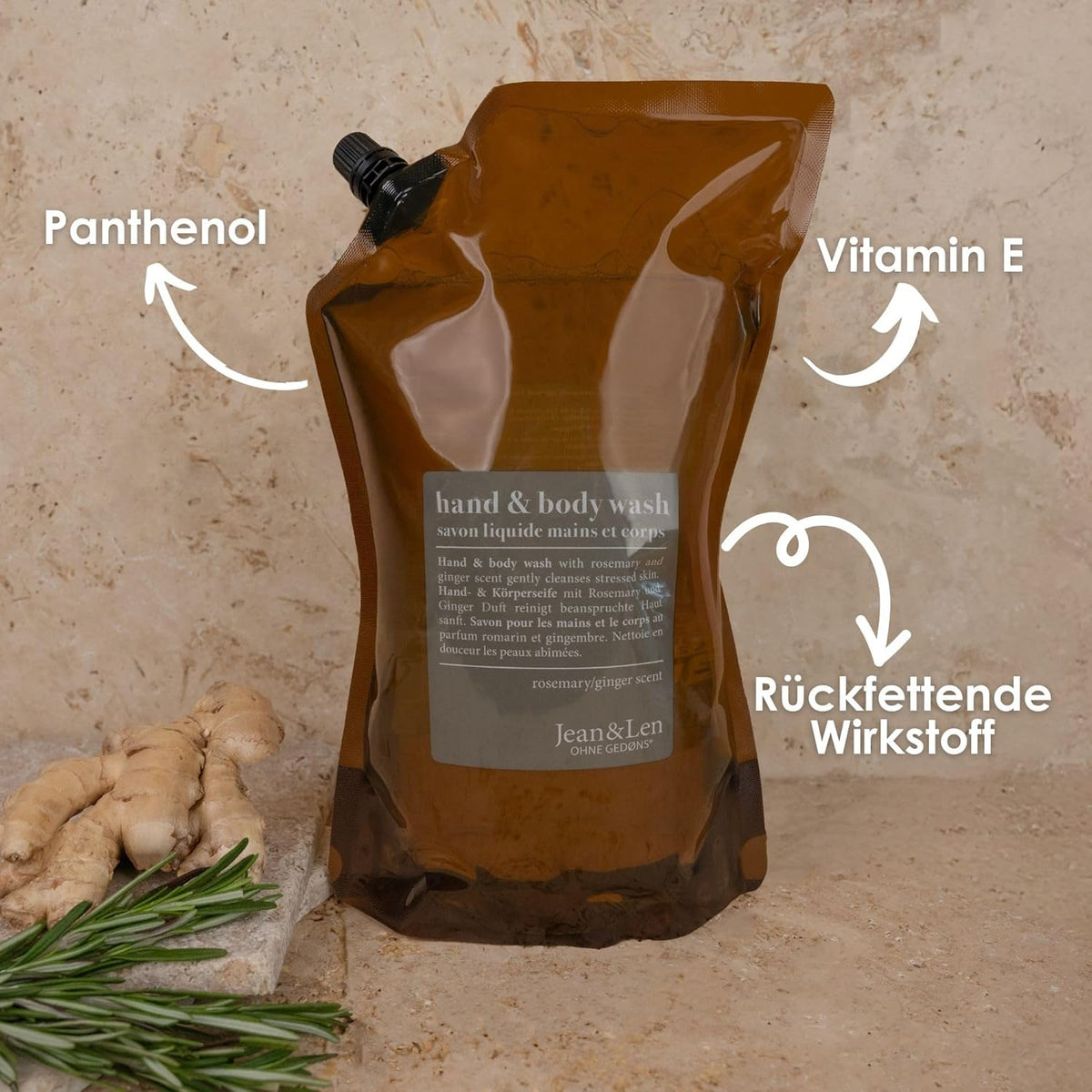 Jean & Len Hand & Body Wash Rosemary Und Ginger, Nachfüllbeutel, 1,5L