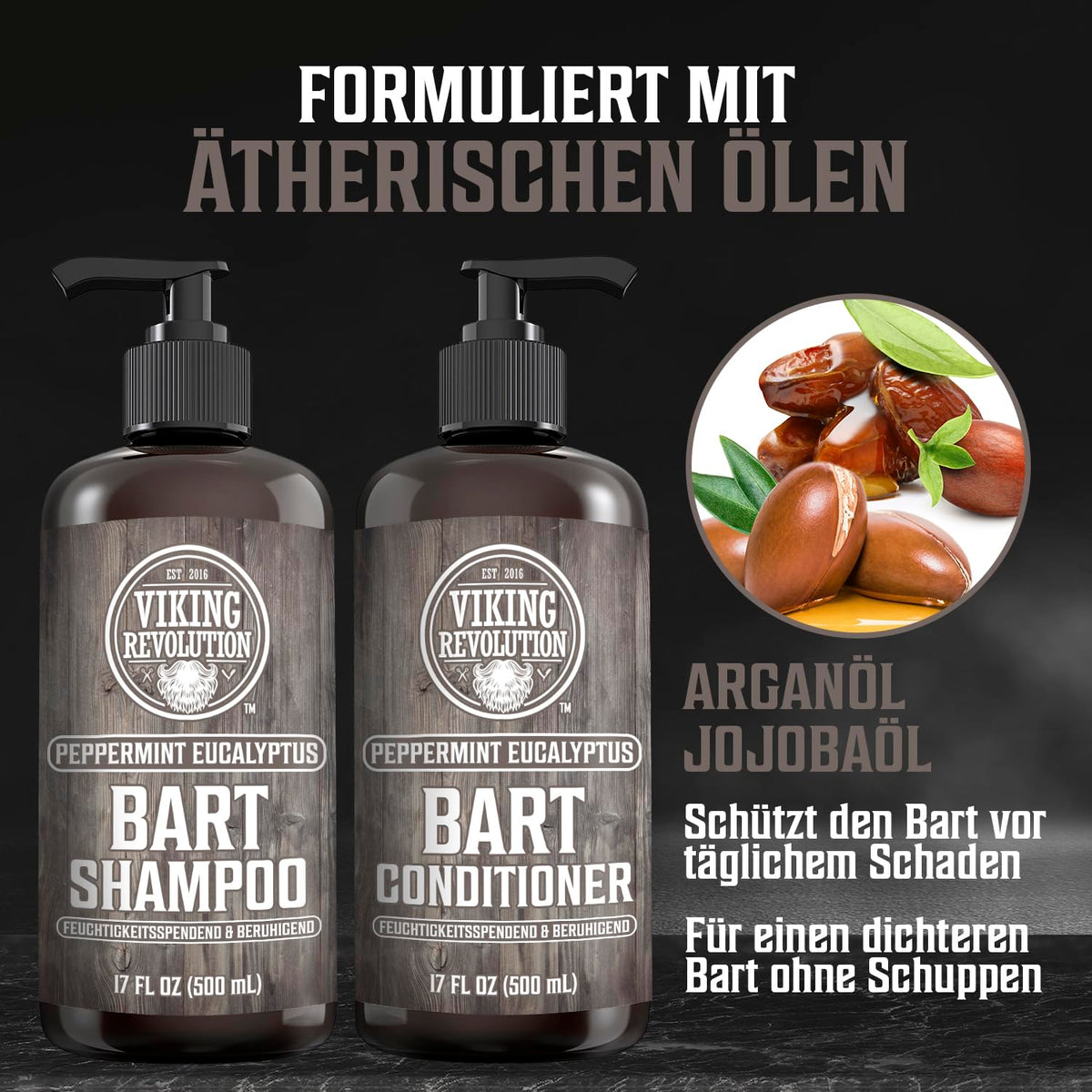 Viking Revolution Bart Shampoo & Conditioner Set - Erweicht, Glättet & Stärkt Den Bartwuchs - Natürlicher Pfefferminz- & Eukalyptusduft - Geschenke Für Männer - 2 X 500 Ml